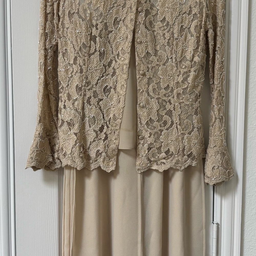 Elegant Lace Overlay Dress Set in Tan
